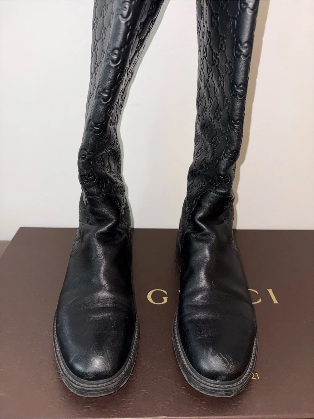 of Gucci Black Guccissima Soft Leather Knee-High Riding Boots Embossed GG